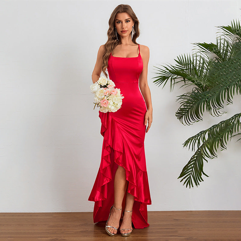 Elegant Satin Ruffle High-Low Maxi Dress for Effortless Glamour