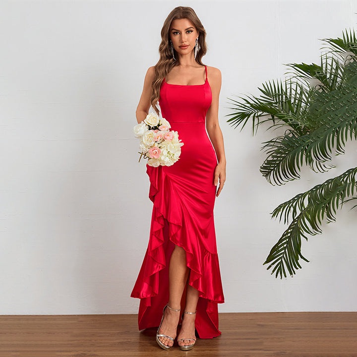 Elegant Satin Ruffle High-Low Maxi Dress for Effortless Glamour
