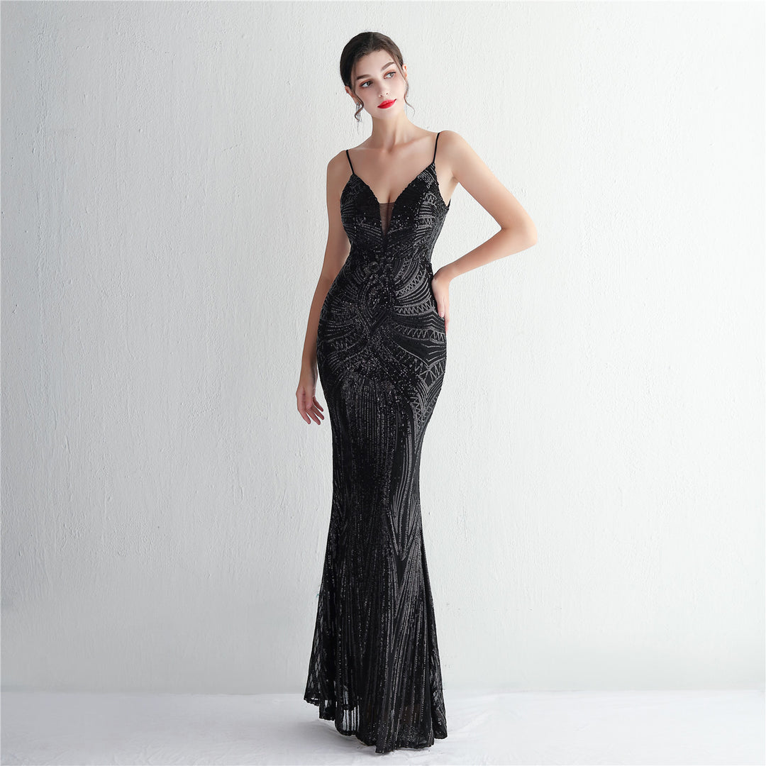 Sequin Deep V-Neck Maxi Dress