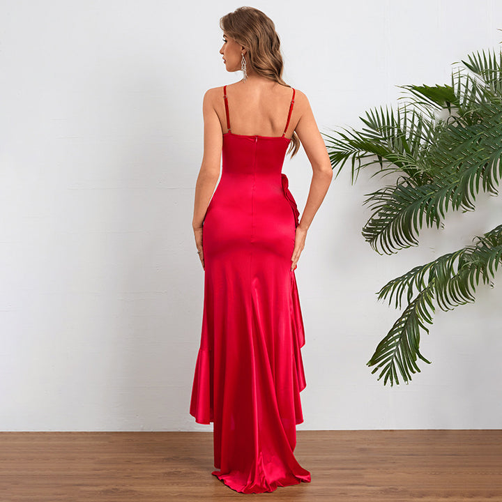 Elegant Satin Ruffle High-Low Maxi Dress for Effortless Glamour