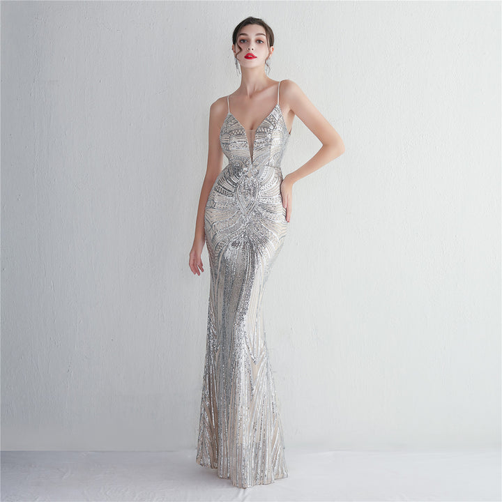 Sequin Deep V-Neck Maxi Dress