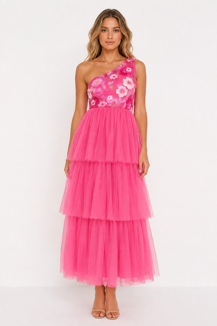 Hot Pink Floral One-Shoulder Maxi Dress