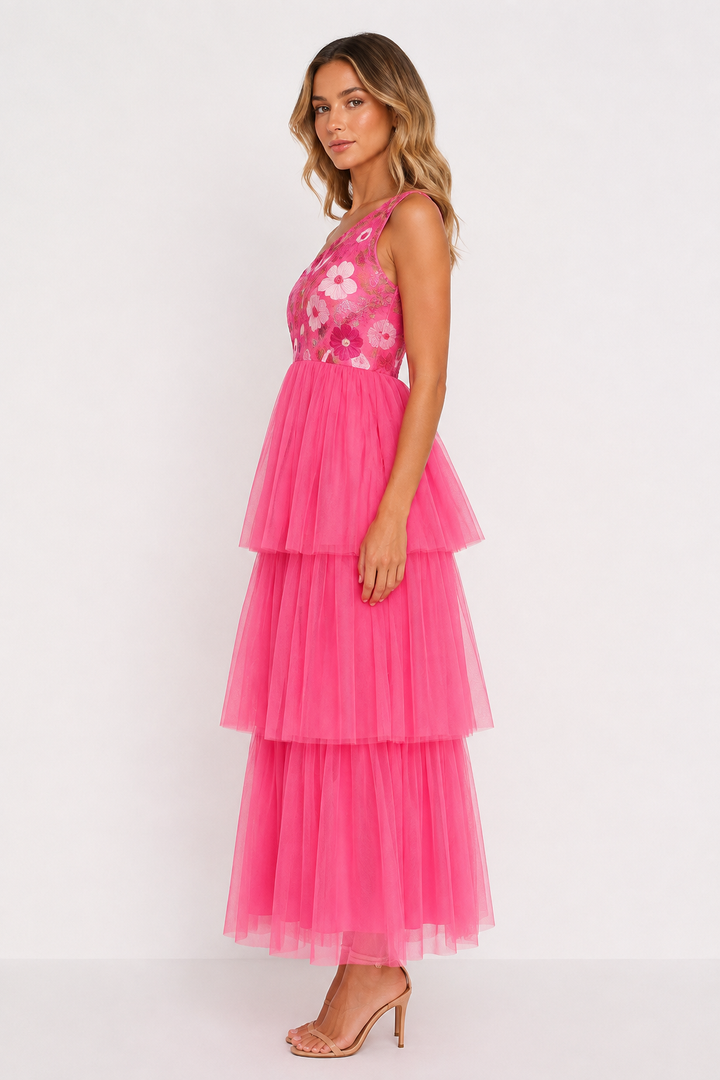 Hot Pink Floral One-Shoulder Maxi Dress