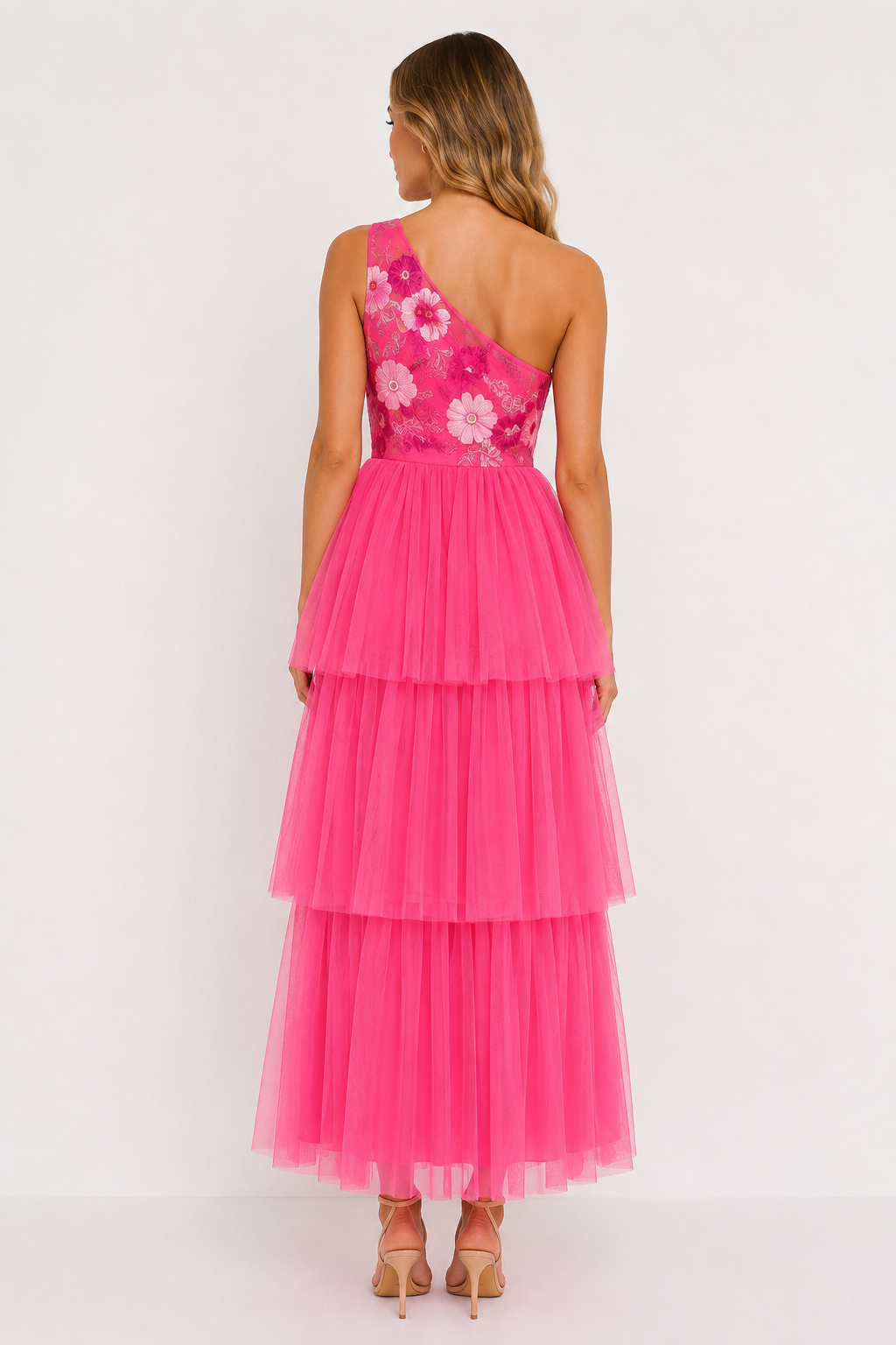 Hot Pink Floral One-Shoulder Maxi Dress