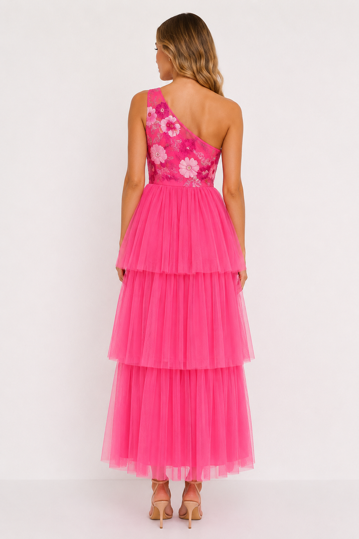 Hot Pink Floral One-Shoulder Maxi Dress