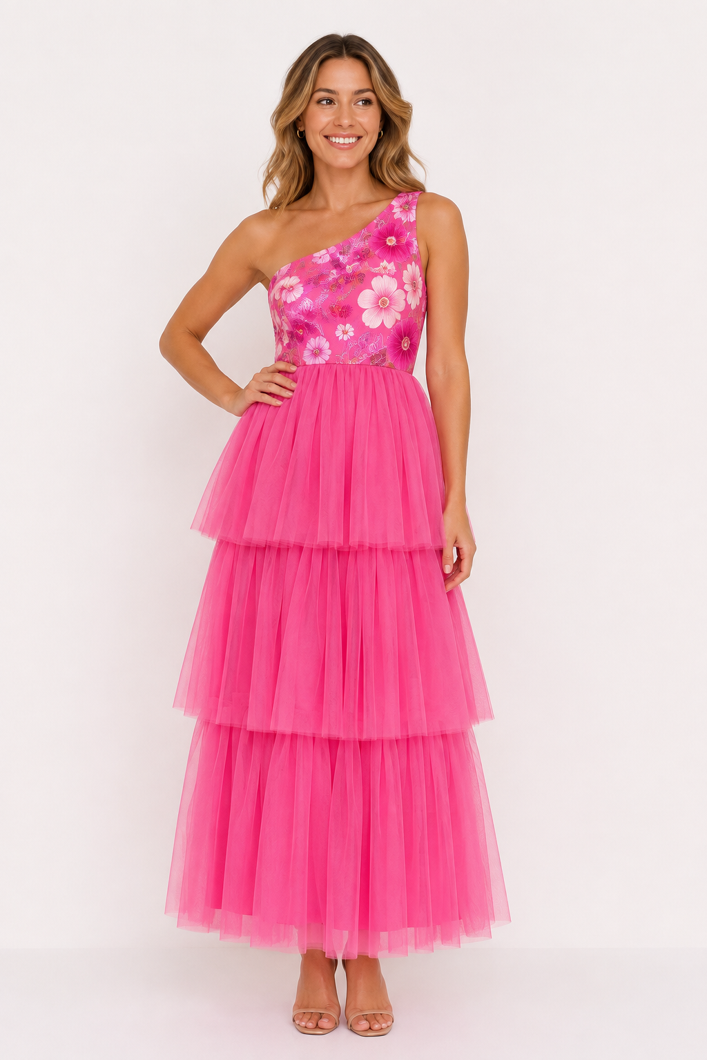 Hot Pink Floral One-Shoulder Maxi Dress