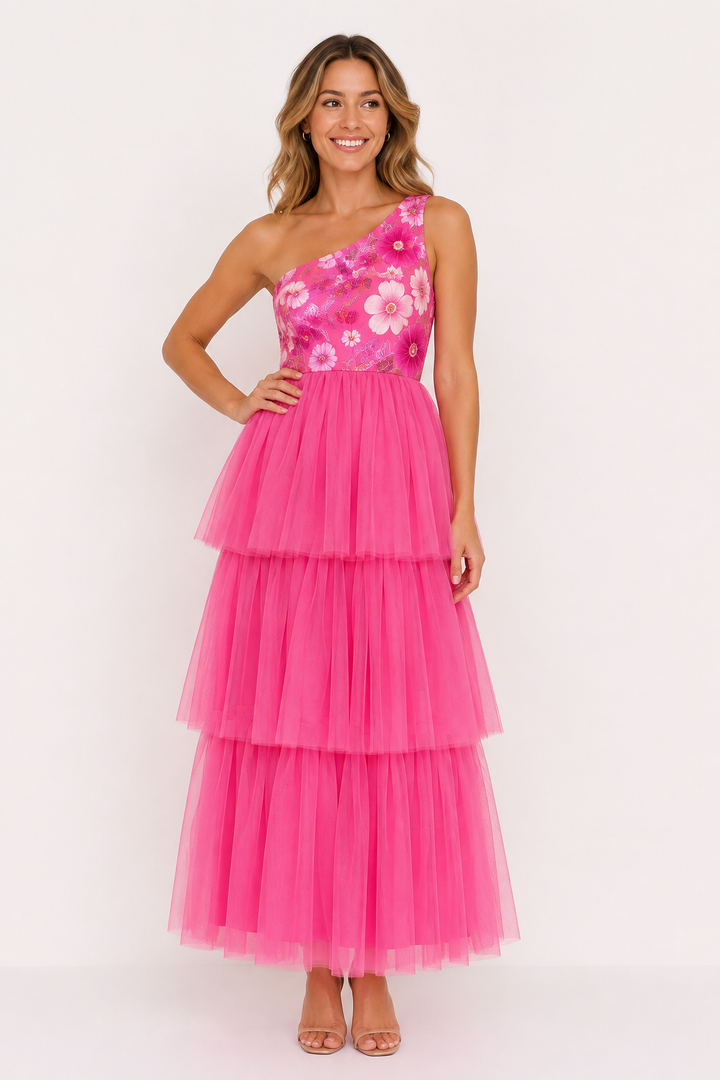Hot Pink Floral One-Shoulder Maxi Dress