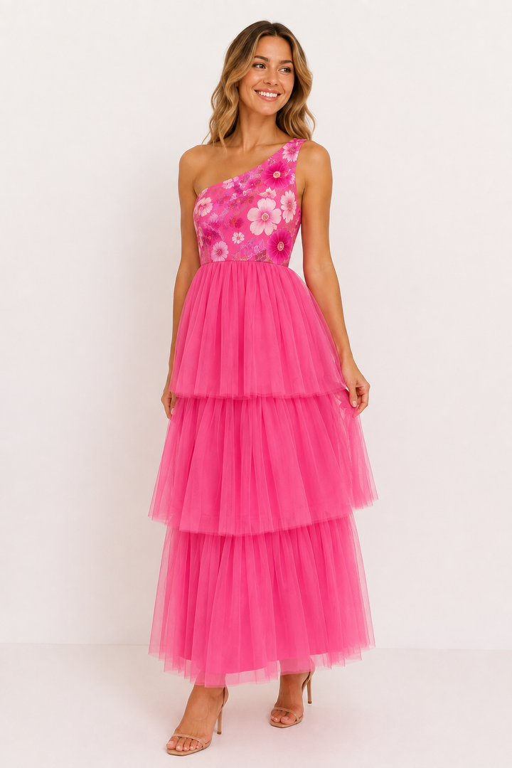 Hot Pink Floral One-Shoulder Maxi Dress