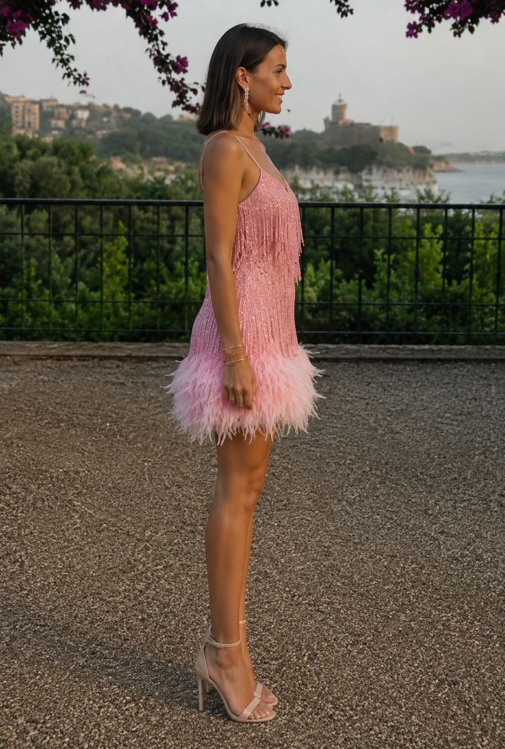 Fringe Feather Hem Mini Dress