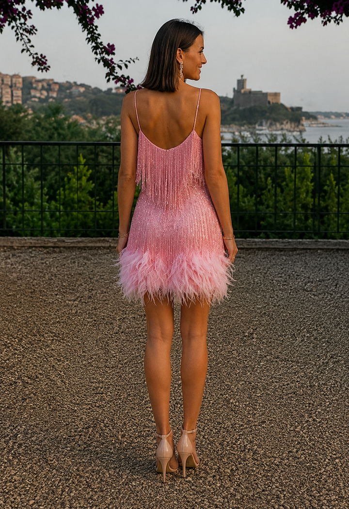 Fringe Feather Hem Mini Dress