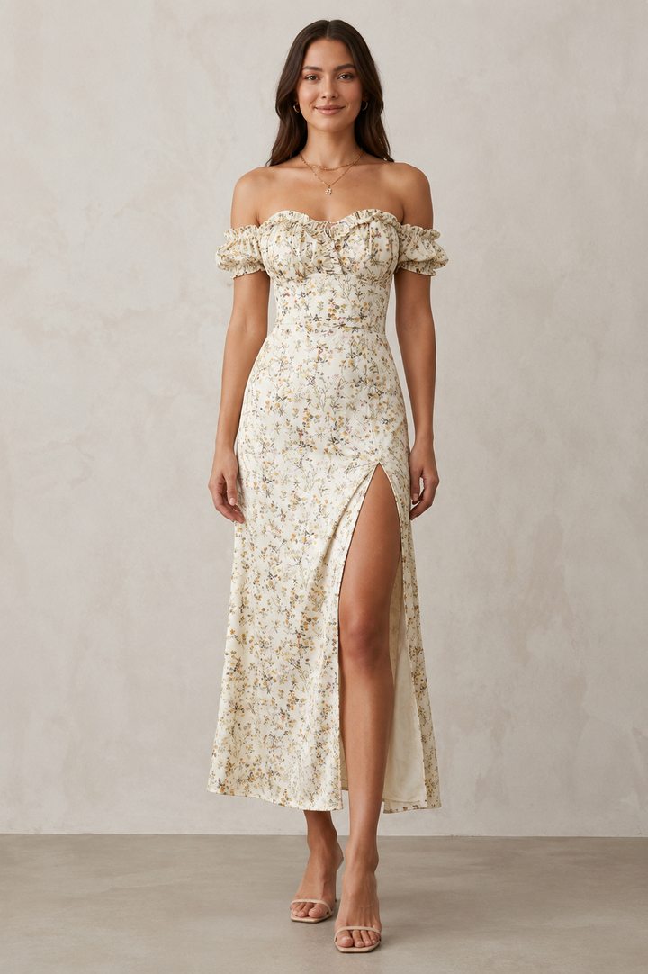 Floral Print Off-Shoulder Slit Dress Up To 3XL