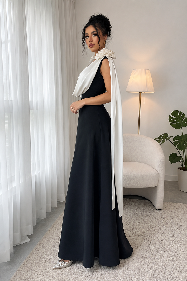Floral Applique Two Tone Maxi Dress