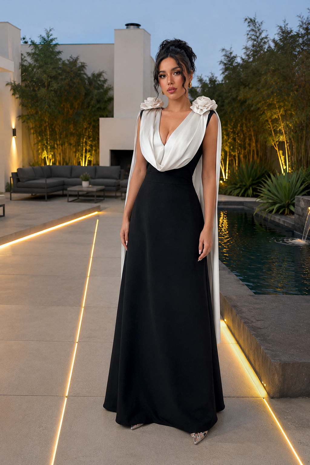 Floral Applique Two Tone Maxi Dress