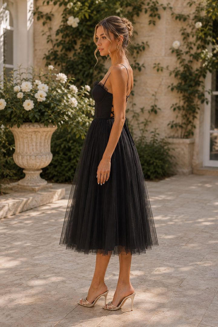 Sweetheart Tiered Mesh Midi Dress