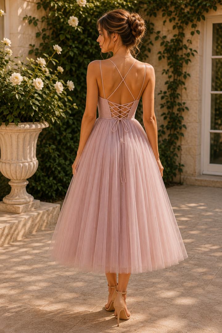 Sweetheart Tiered Mesh Midi Dress