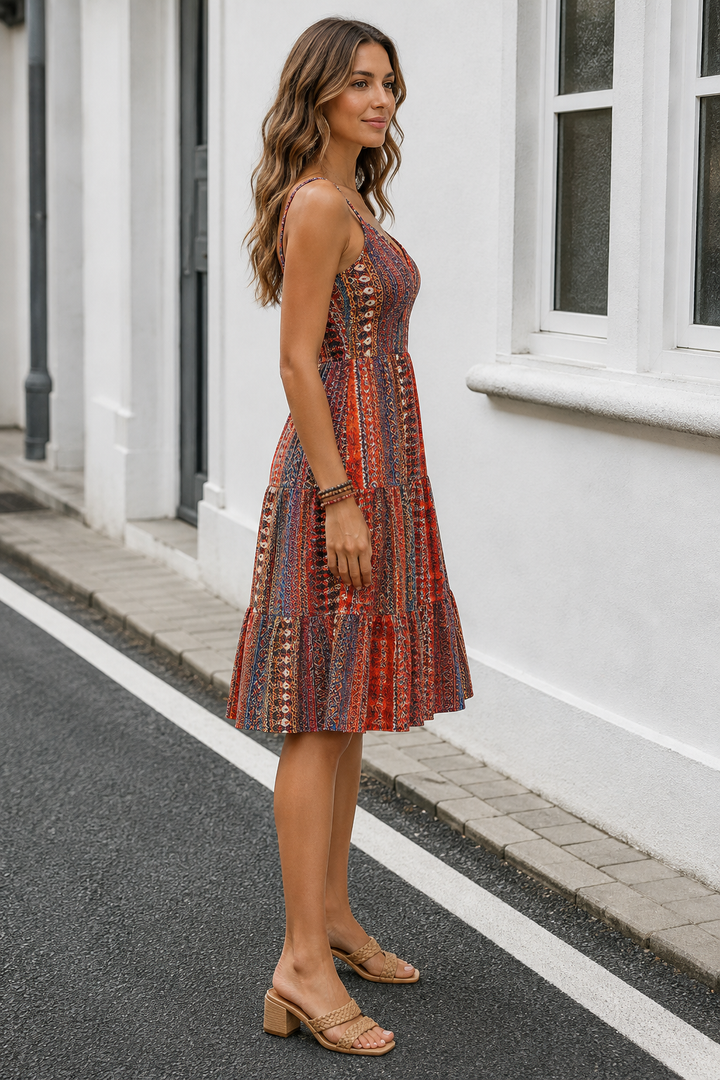 Boho Geo-Print Tiered Cami Midi Dress