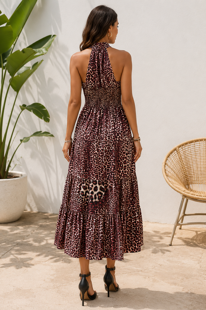 Butterfly Leopard Grecian Neck Maxi Dress