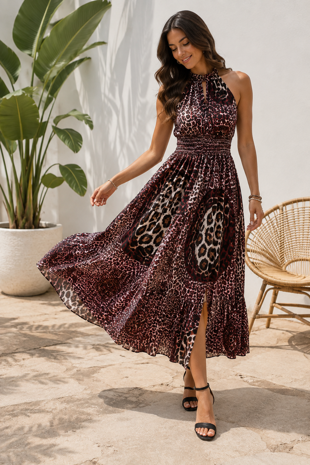 Butterfly Leopard Grecian Neck Maxi Dress