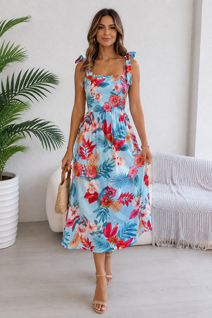 Tropical Floral Tie-Shoulder Smocked Midi Dress