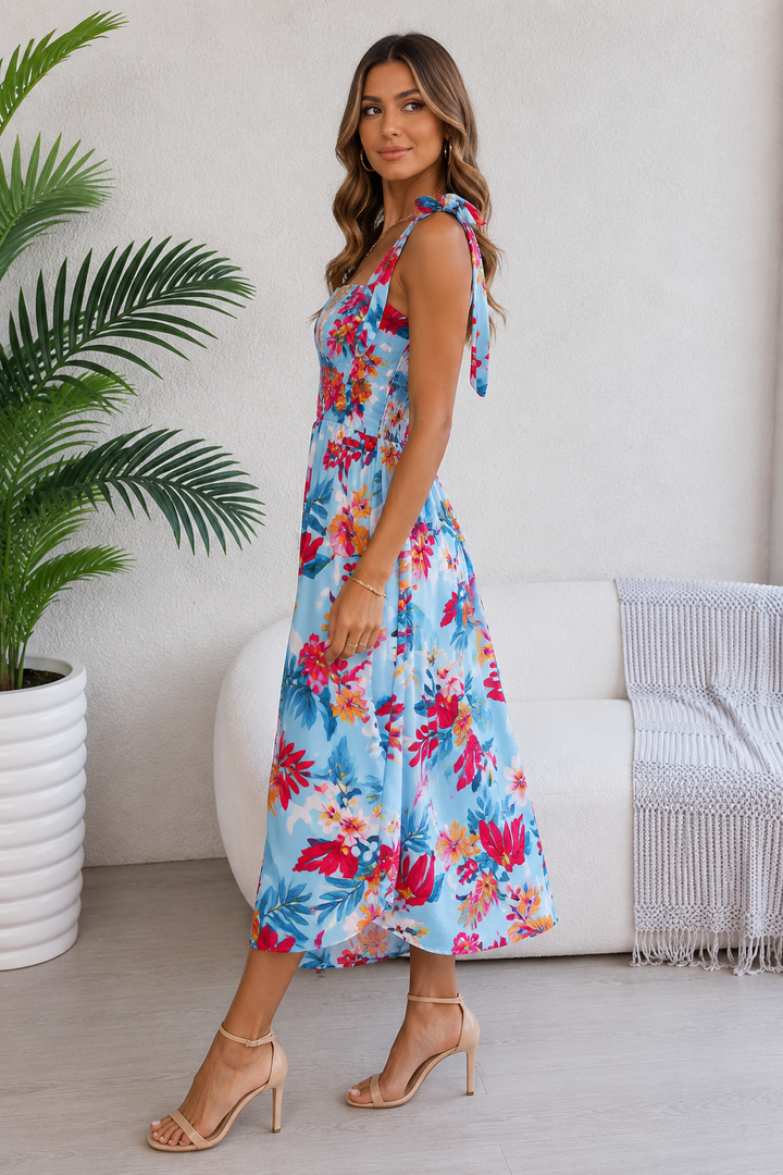 Tropical Floral Tie-Shoulder Smocked Midi Dress