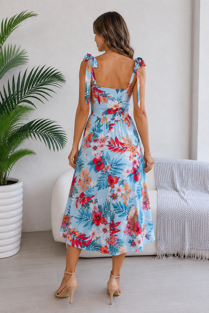 Tropical Floral Tie-Shoulder Smocked Midi Dress