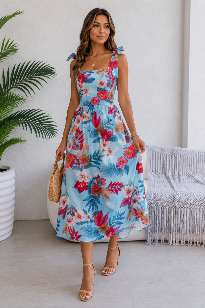 Tropical Floral Tie-Shoulder Smocked Midi Dress