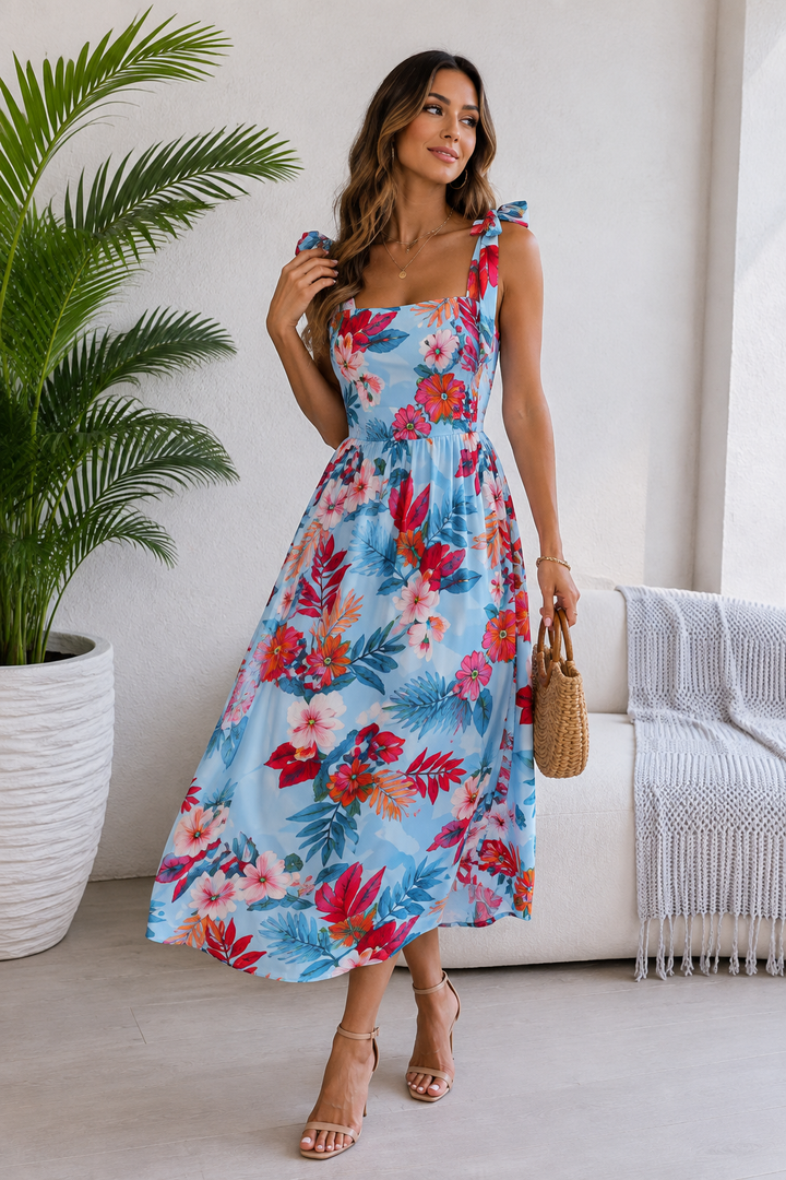 Tropical Floral Tie-Shoulder Smocked Midi Dress
