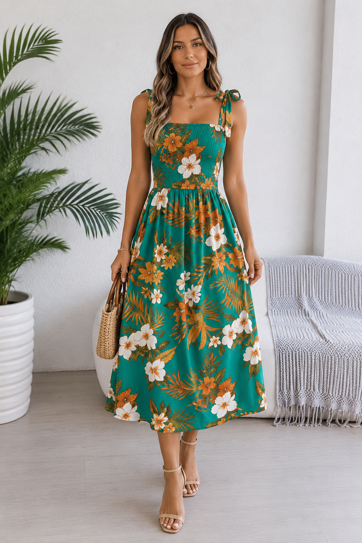Tropical Floral Tie-Shoulder Smocked Midi Dress