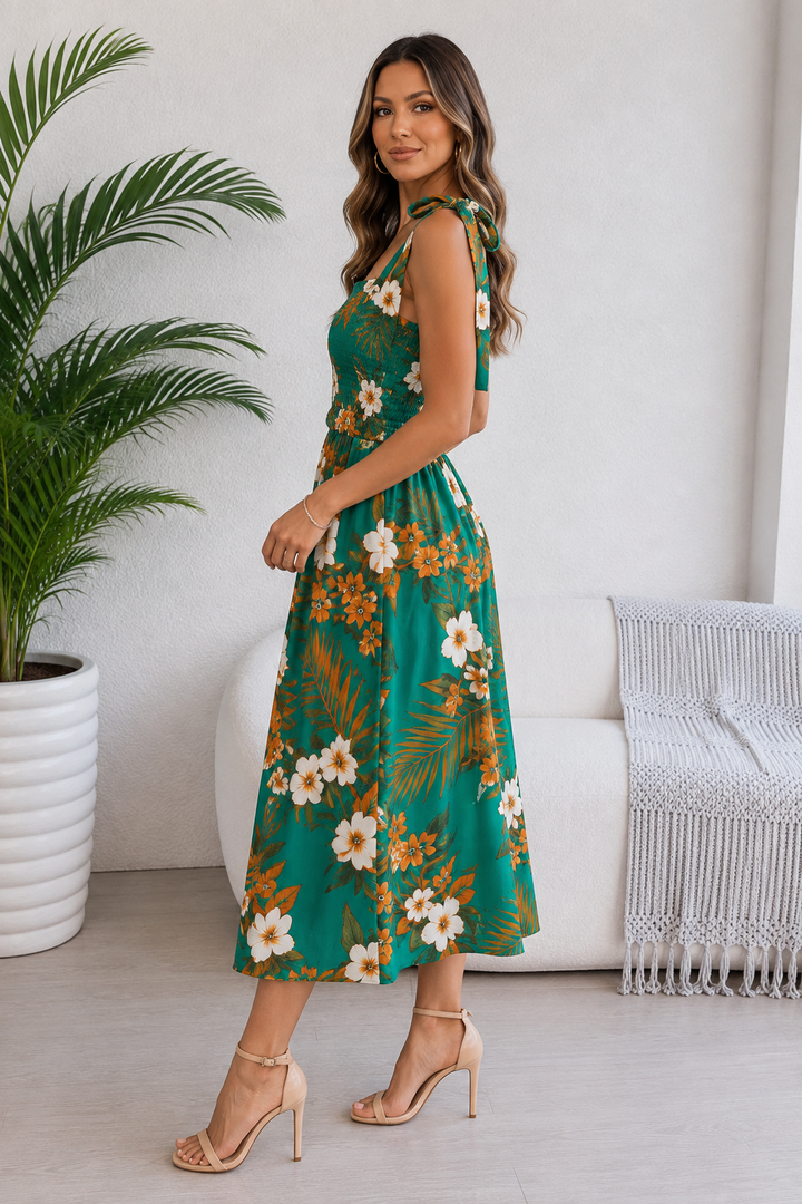 Tropical Floral Tie-Shoulder Smocked Midi Dress