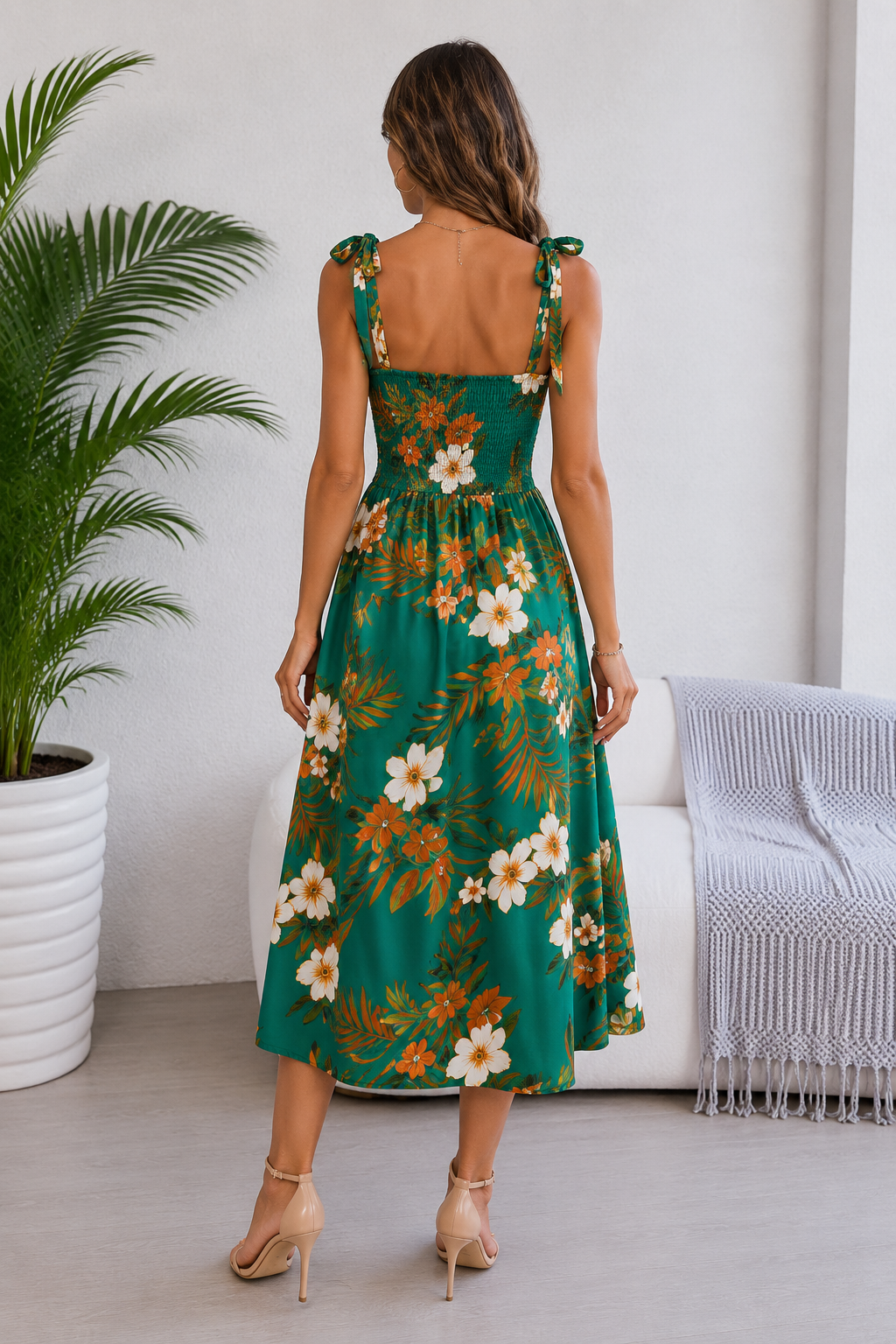 Tropical Floral Tie-Shoulder Smocked Midi Dress