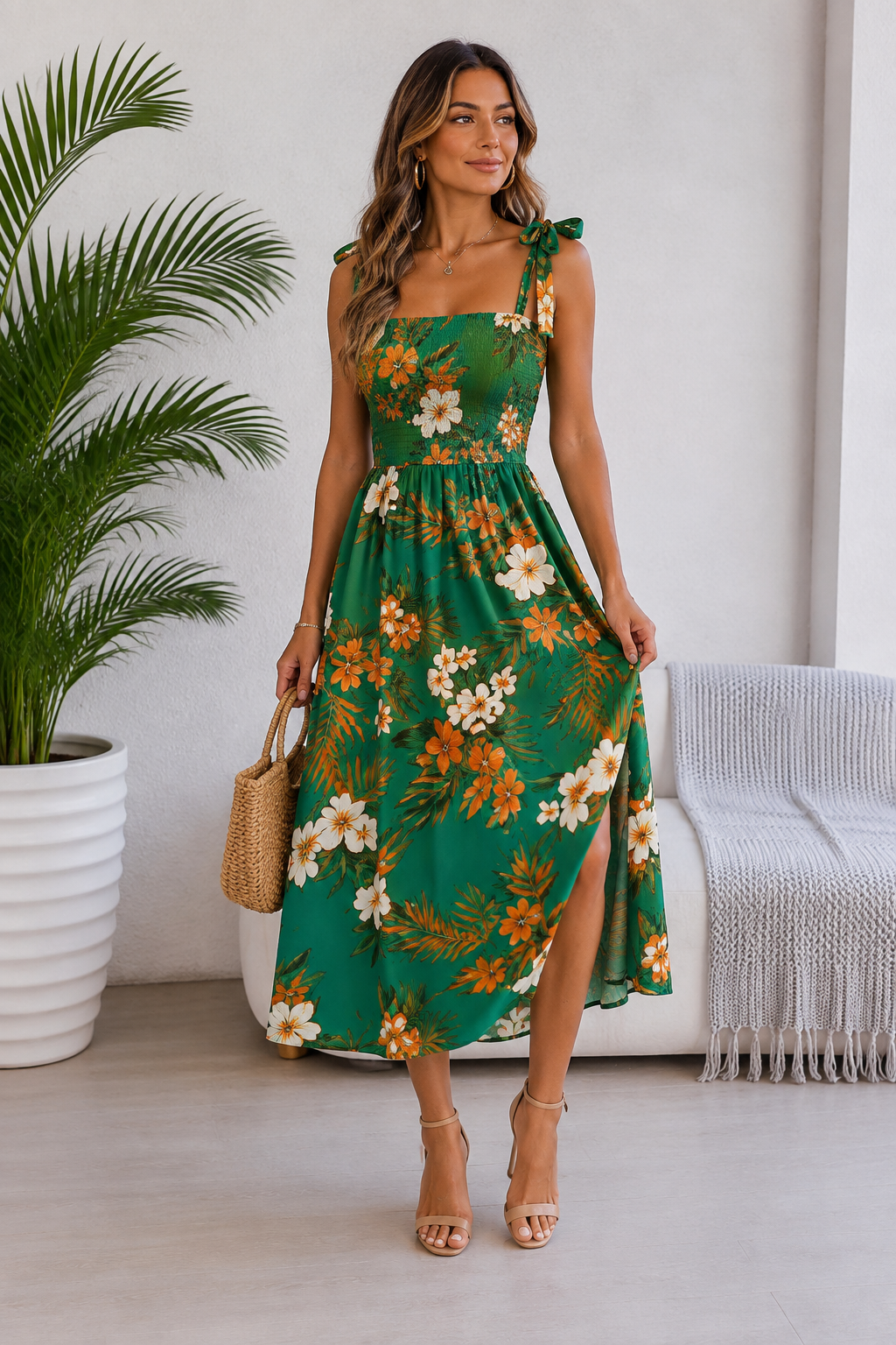 Tropical Floral Tie-Shoulder Smocked Midi Dress