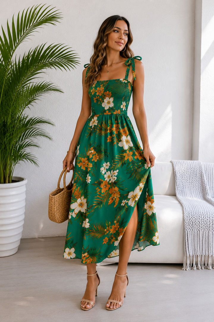 Tropical Floral Tie-Shoulder Smocked Midi Dress