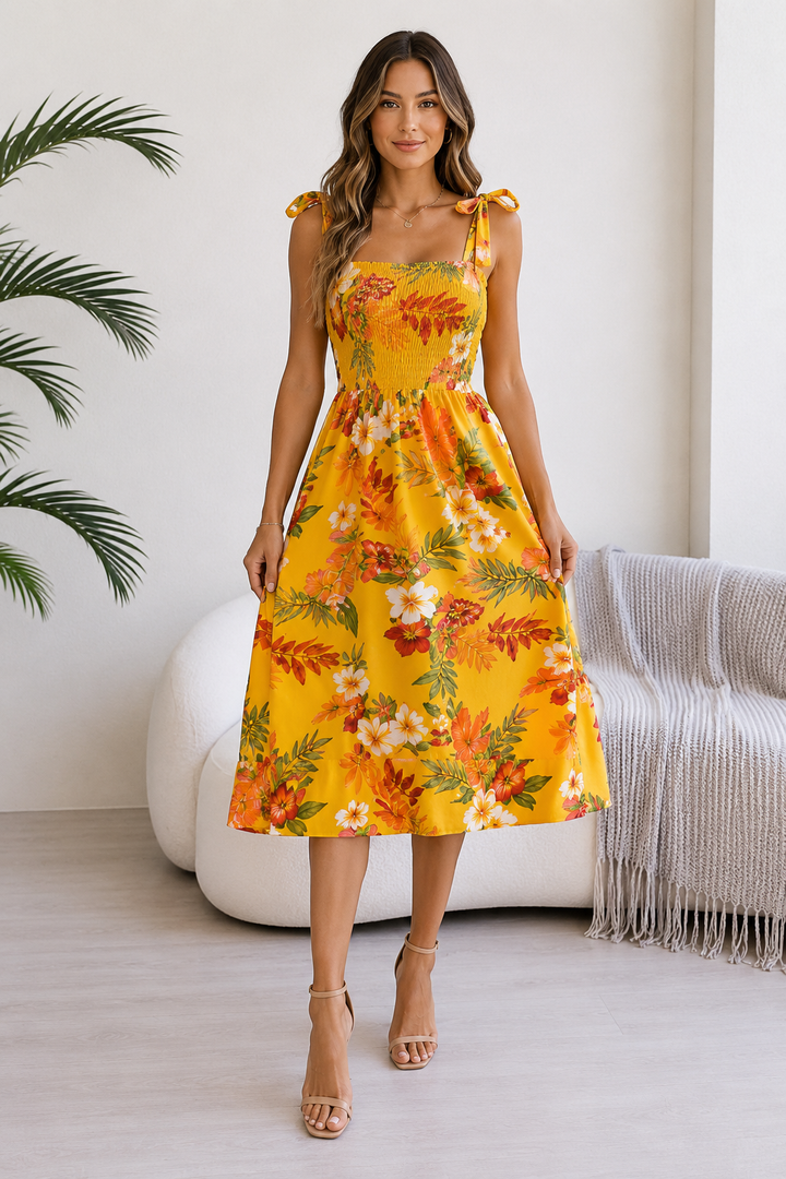 Tropical Floral Tie-Shoulder Smocked Midi Dress