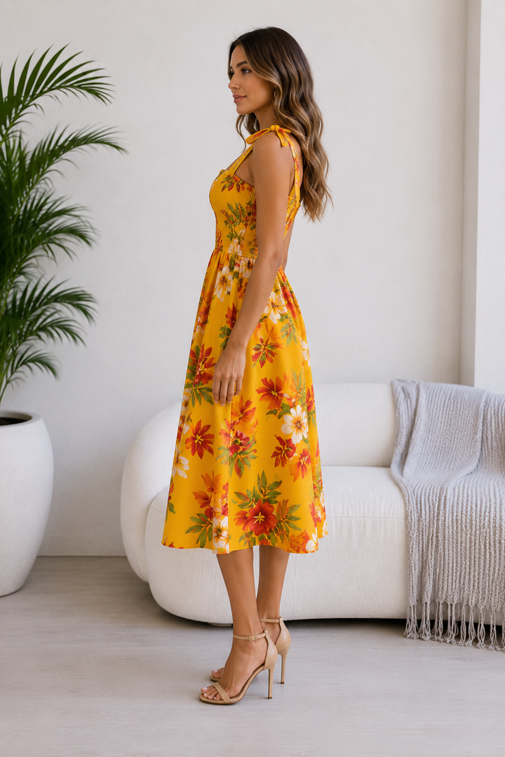 Tropical Floral Tie-Shoulder Smocked Midi Dress