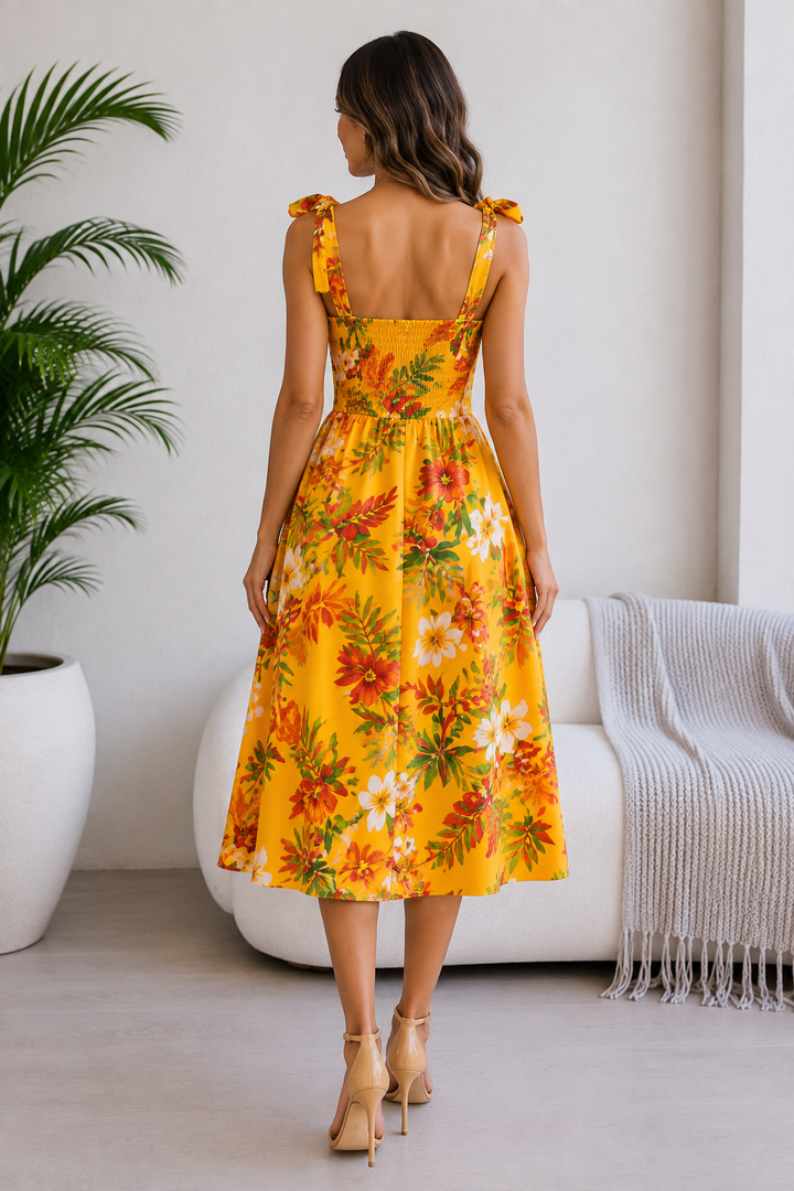 Tropical Floral Tie-Shoulder Smocked Midi Dress