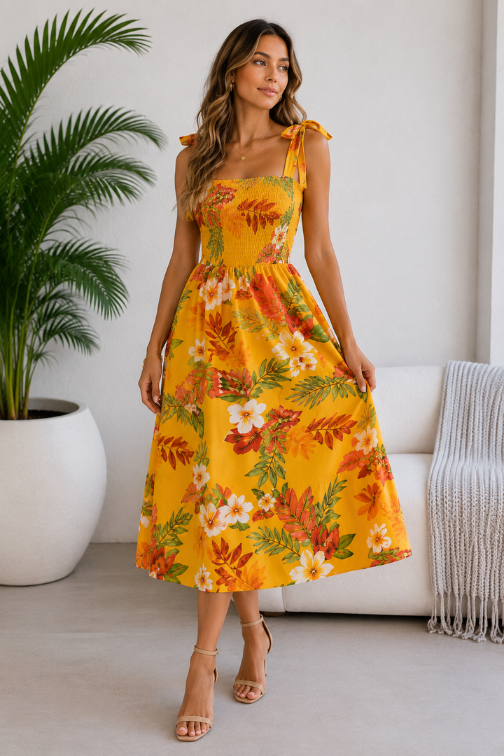 Tropical Floral Tie-Shoulder Smocked Midi Dress