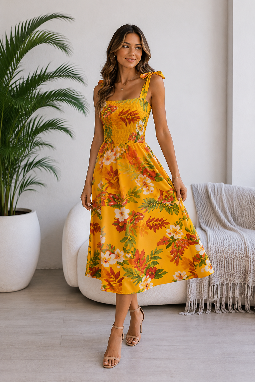 Tropical Floral Tie-Shoulder Smocked Midi Dress