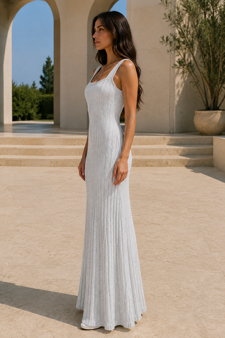 Ribbed Knit Square Neck Sleeveless Maxi Dress