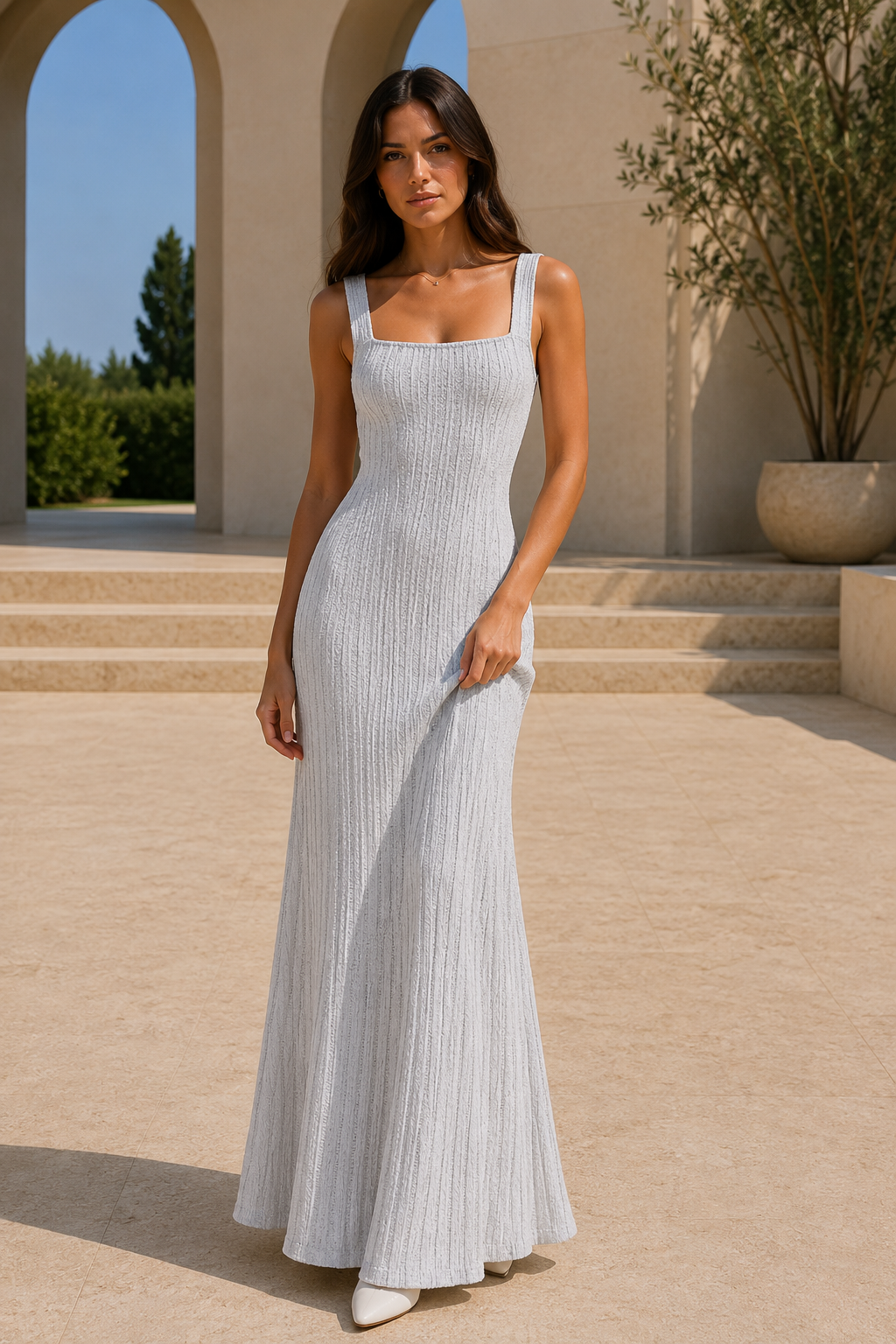Ribbed Knit Square Neck Sleeveless Maxi Dress