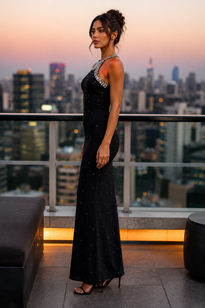 Embellished Rhinestone Halter Maxi Dress