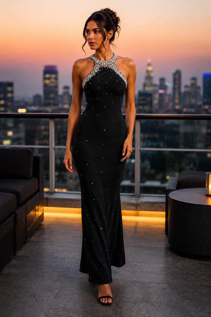 Embellished Rhinestone Halter Maxi Dress