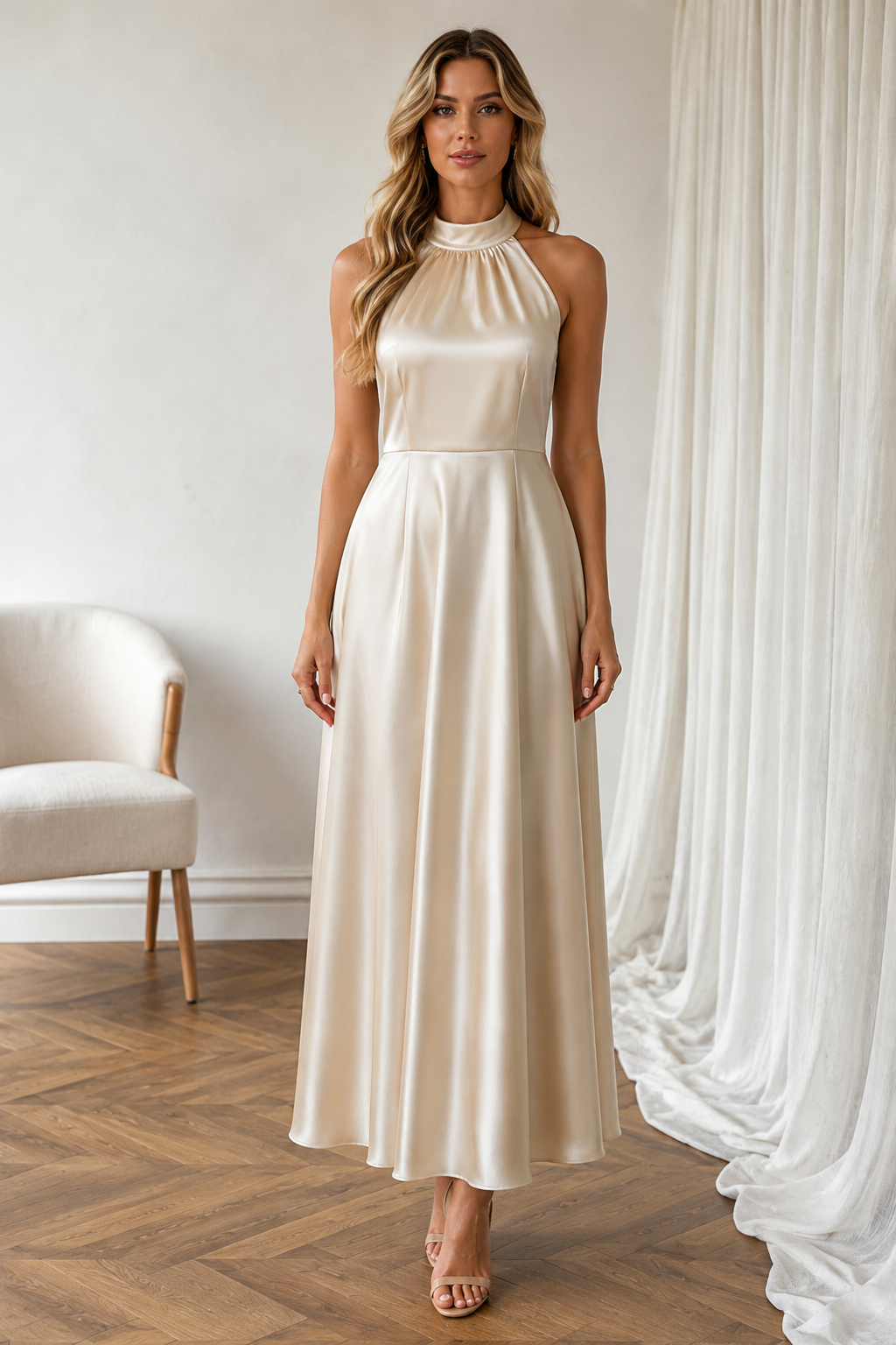 Pearl Halter Satin Midi Dress