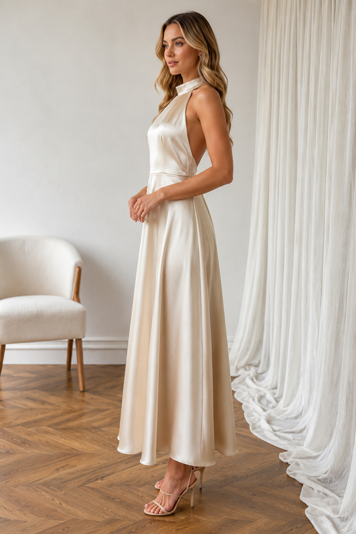 Pearl Halter Satin Midi Dress