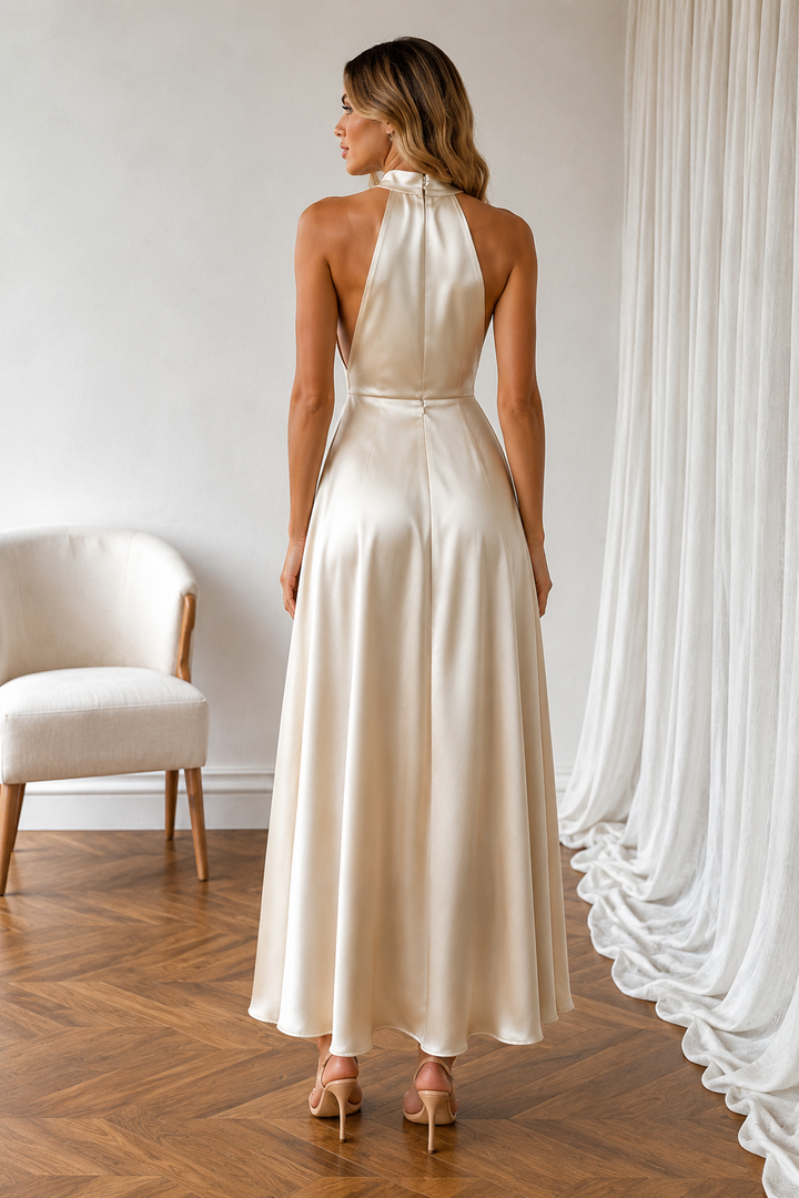 Pearl Halter Satin Midi Dress