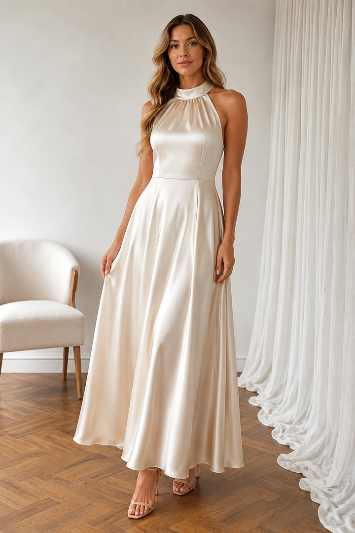 Pearl Halter Satin Midi Dress