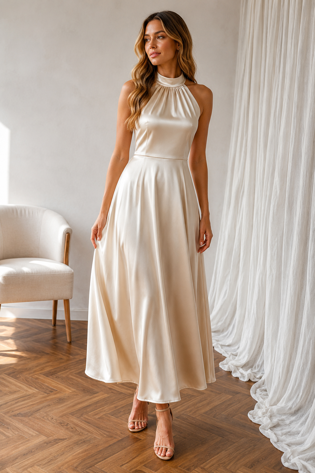 Pearl Halter Satin Midi Dress