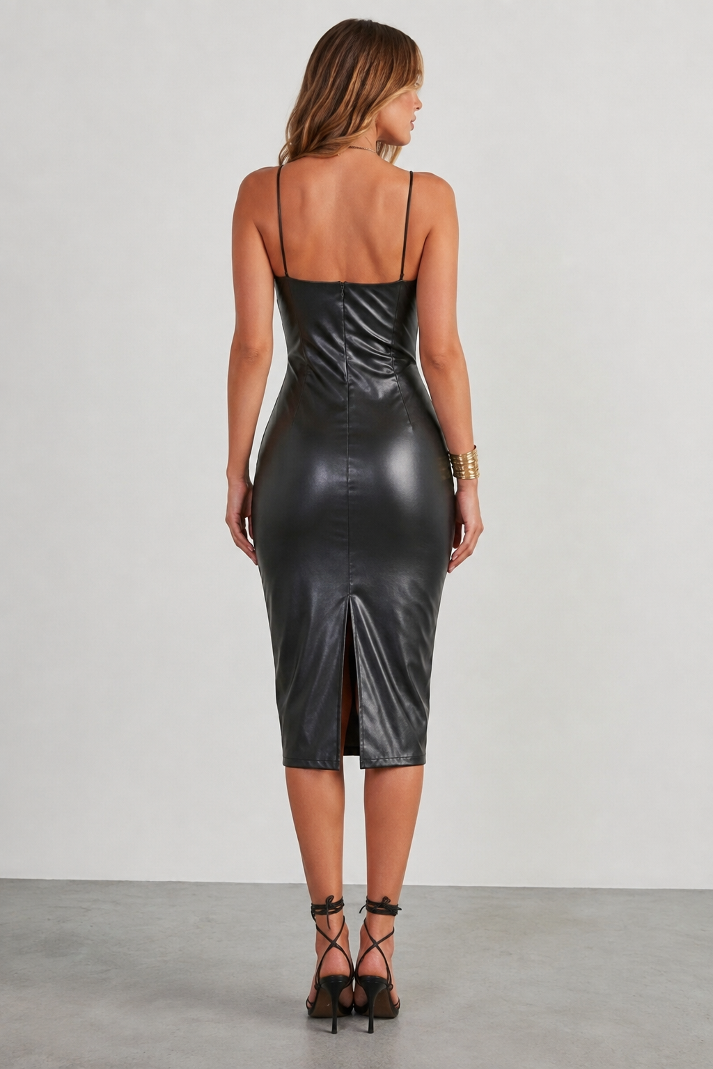 PU Slit Midi Dress