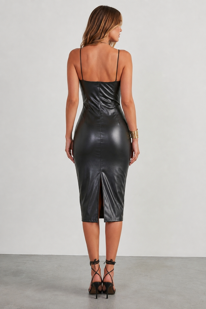 PU Slit Midi Dress