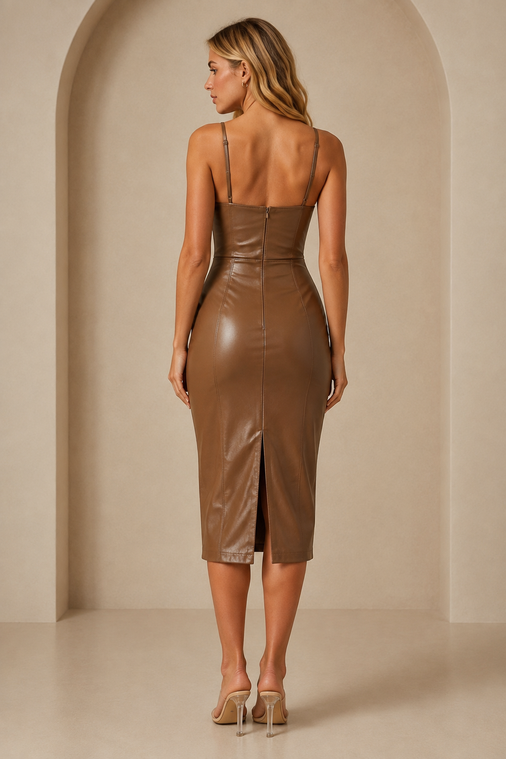 PU Slit Midi Dress