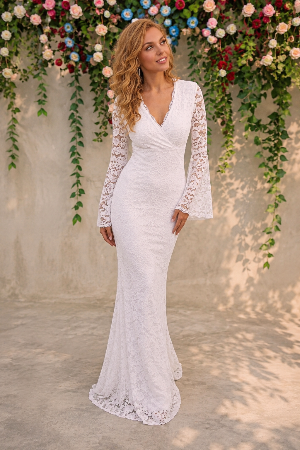 Lace Surplice Flare Sleeve Maxi Dress